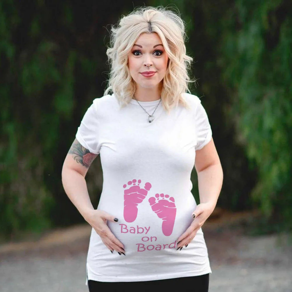 Plus Size Funny Maternity T-Shirt Baby on Board Pattern Print Pregnant Woman Tops, Pregnancy Short Sleeve T-Shirt Clothes
