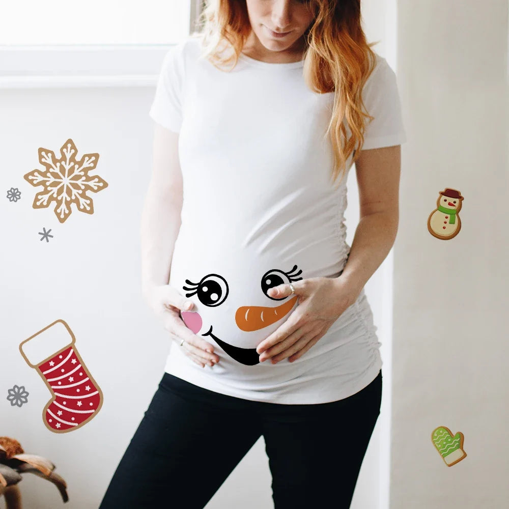 Christmas Pregnant Women T-shirt Snowman Cartoon Printed Pregnancy Announcement Clothes Maternity White Short Sleeve Top