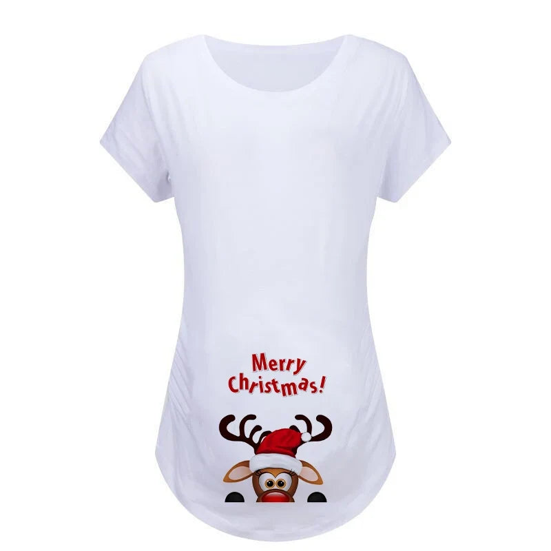 Christmas Women's Maternity T-shirt Santa Baby Printed Pregnant Women T-shirt Pregnancy Casual Short Sleeve White Clothes