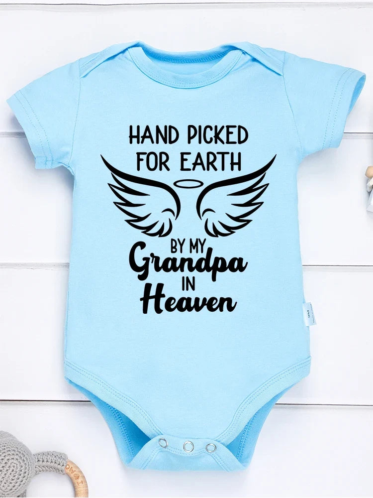 “Hand Picked for Earth by My Grandpa in Heaven” – Cute Newborn Onesie, Cotton Baby Bodysuit for Boys & Girls, Special Gift for Newborns