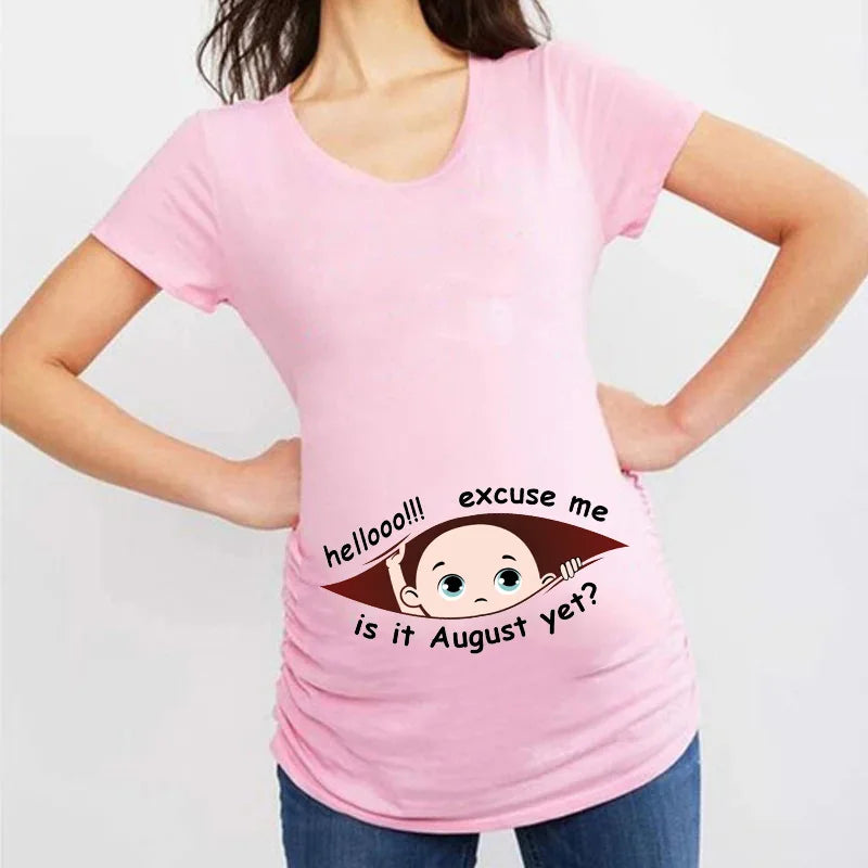 Summer January to December Peeking Baby Print Maternity T-Shirt | Funny Pregnancy Tops | Short Sleeve Pregnant Women Tees