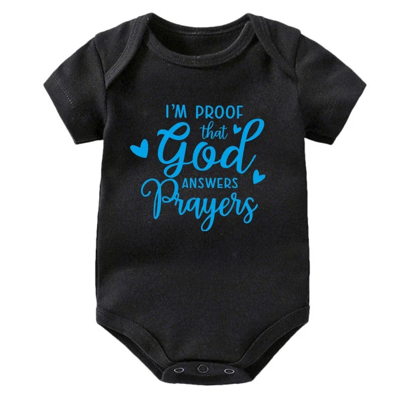 “I’m Proof God Answers Prayers” – Christian Newborn Baby Bodysuit, Short-Sleeve Infant Jumpsuit, Cute Summer Outfit & Holiday Gift