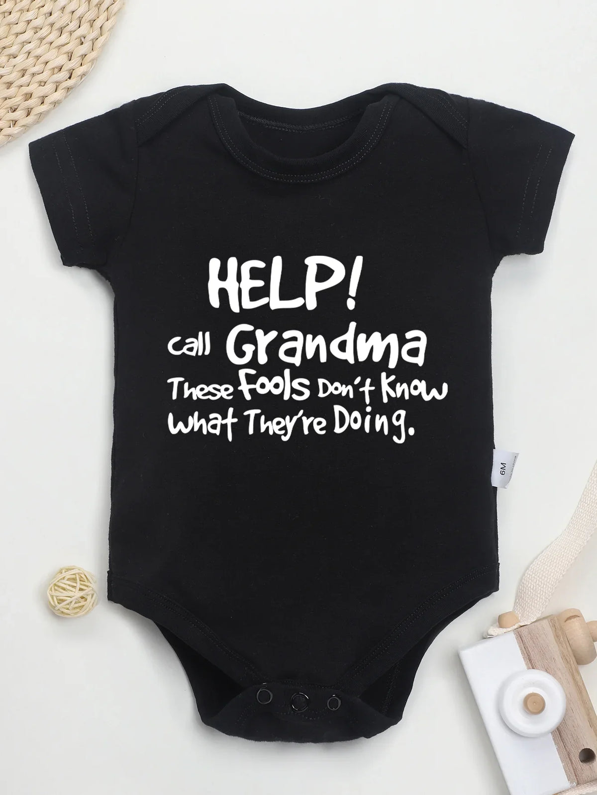 “Help Call Grandma” Letter Print Newborn Infant Rompers – Cute Short Sleeve Toddler Jumpsuit – Fashion Baby Boy & Girl Bodysuit