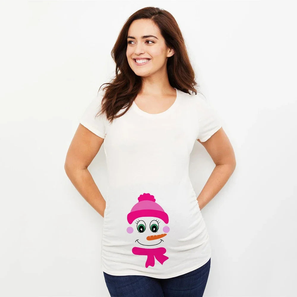 Christmas Pregnant Women T-shirt Snowman Cartoon Printed Pregnancy Announcement Clothes Maternity White Short Sleeve Top