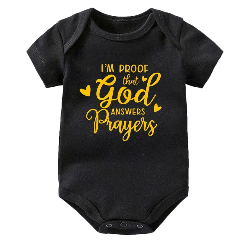 “I’m Proof God Answers Prayers” – Christian Newborn Baby Bodysuit, Short-Sleeve Infant Jumpsuit, Cute Summer Outfit & Holiday Gift