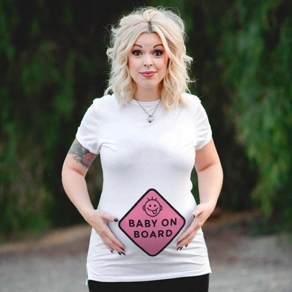 Plus Size Funny Maternity T-Shirt Baby on Board Pattern Print Pregnant Woman Tops, Pregnancy Short Sleeve T-Shirt Clothes
