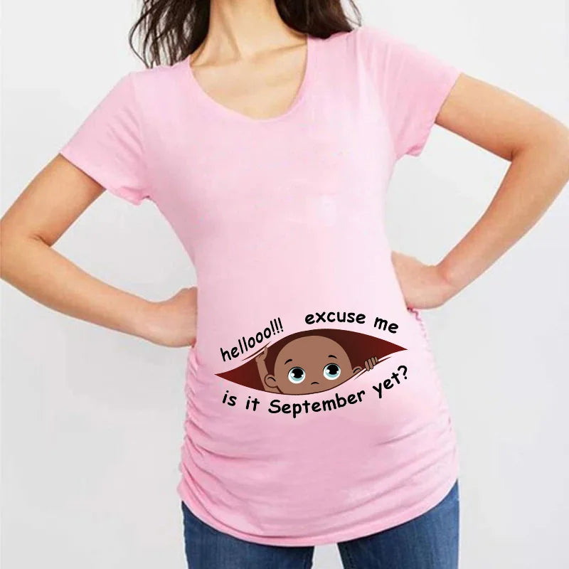 Summer January to December Peeking Baby Print Maternity T-Shirt | Funny Pregnancy Tops | Short Sleeve Pregnant Women Tees