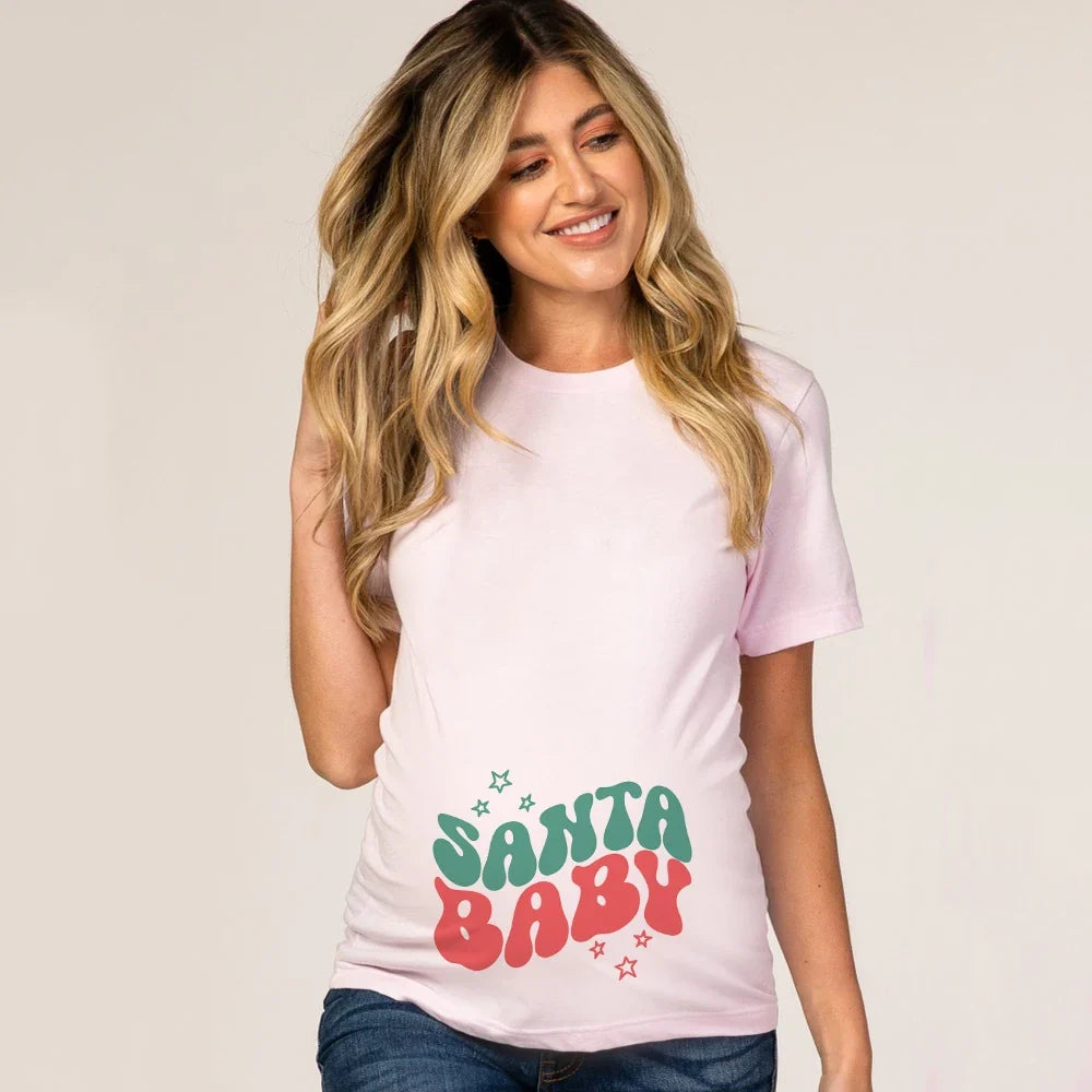 Christmas Santa Baby Print Maternity T-shirt Xmas Casual Pregnant Clothes Pregnancy Announcement T-shirt for Pregnant Women