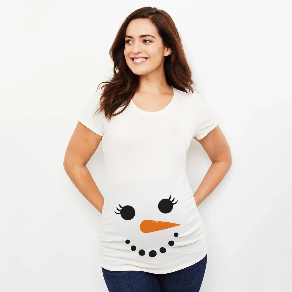 Christmas Pregnant Women T-shirt Snowman Cartoon Printed Pregnancy Announcement Clothes Maternity White Short Sleeve Top