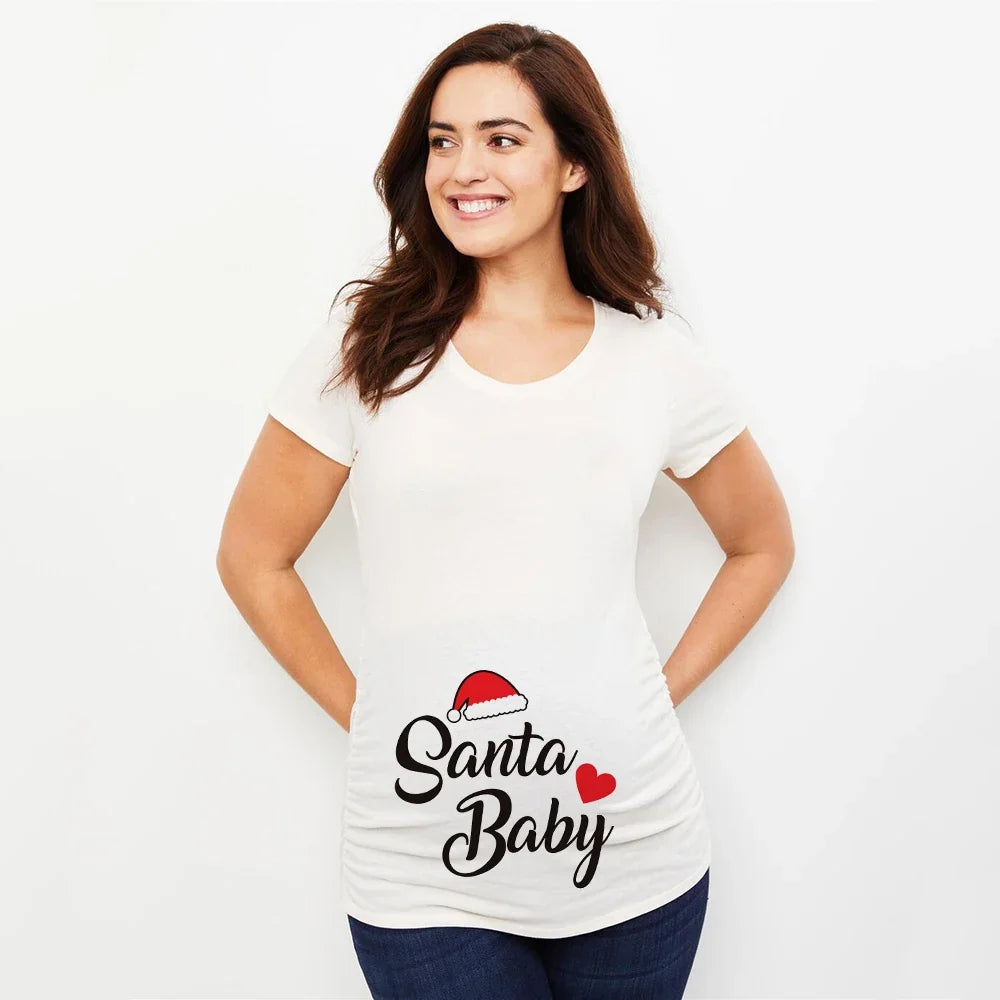 Christmas Santa Baby Print Maternity T-shirt Xmas Casual Pregnant Clothes Pregnancy Announcement T-shirt for Pregnant Women