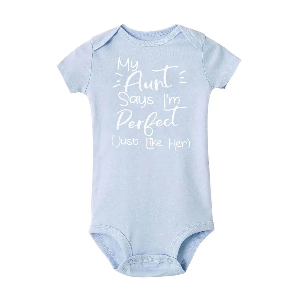 “My Aunt Says I’m Perfect” Letter Printed Infant Toddler Jumpsuit – Summer Newborn Bodysuit – Funny Auntie Baby Clothes – Baby Shower Gifts