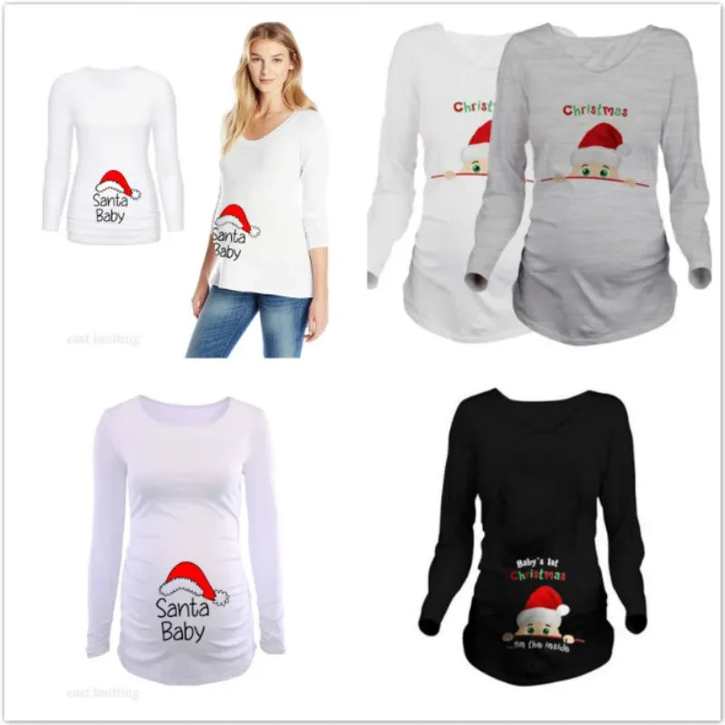 Pregnant Woman Christmas Long Sleeve T-Shirt | Santa Baby Print | Side Ruched Maternity Top | Pregnancy Clothes Tee