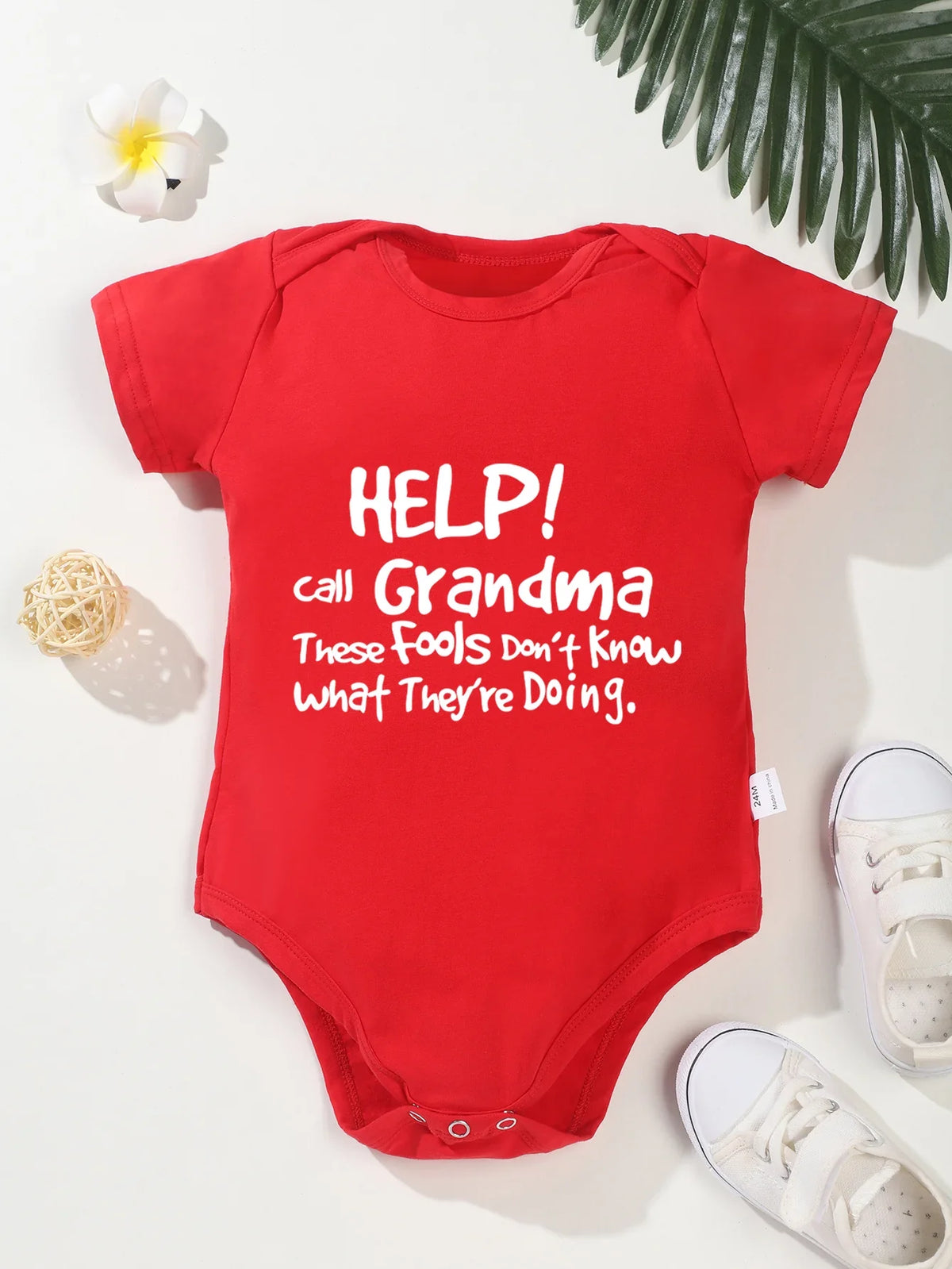 “Help Call Grandma” Letter Print Newborn Infant Rompers – Cute Short Sleeve Toddler Jumpsuit – Fashion Baby Boy & Girl Bodysuit