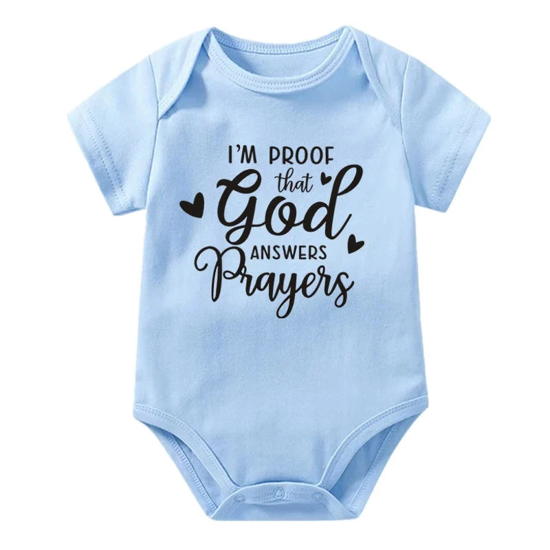 “I’m Proof God Answers Prayers” – Christian Newborn Baby Bodysuit, Short-Sleeve Infant Jumpsuit, Cute Summer Outfit & Holiday Gift