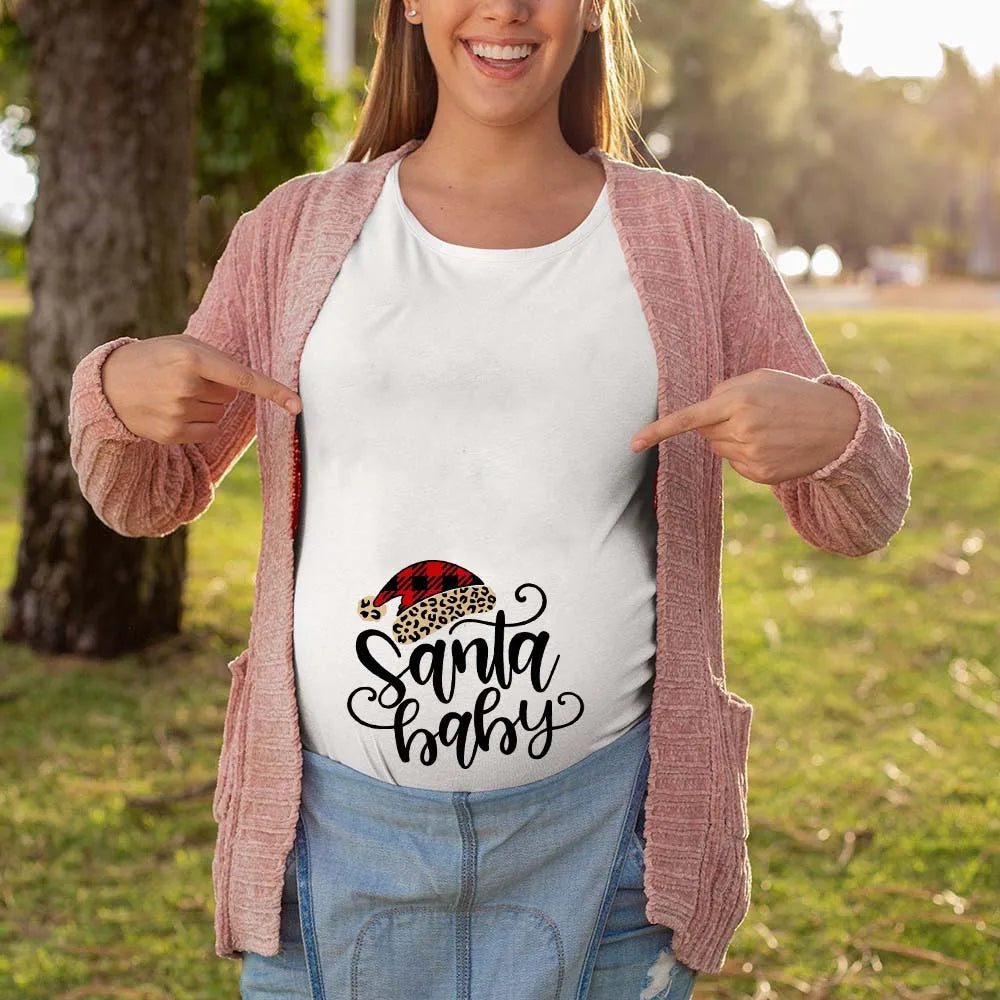 Christmas Santa Baby Print Maternity T-shirt Xmas Casual Pregnant Clothes Pregnancy Announcement T-shirt for Pregnant Women