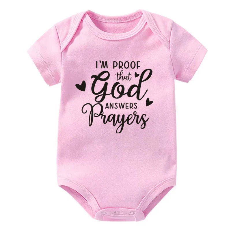 “I’m Proof God Answers Prayers” – Christian Newborn Baby Bodysuit, Short-Sleeve Infant Jumpsuit, Cute Summer Outfit & Holiday Gift