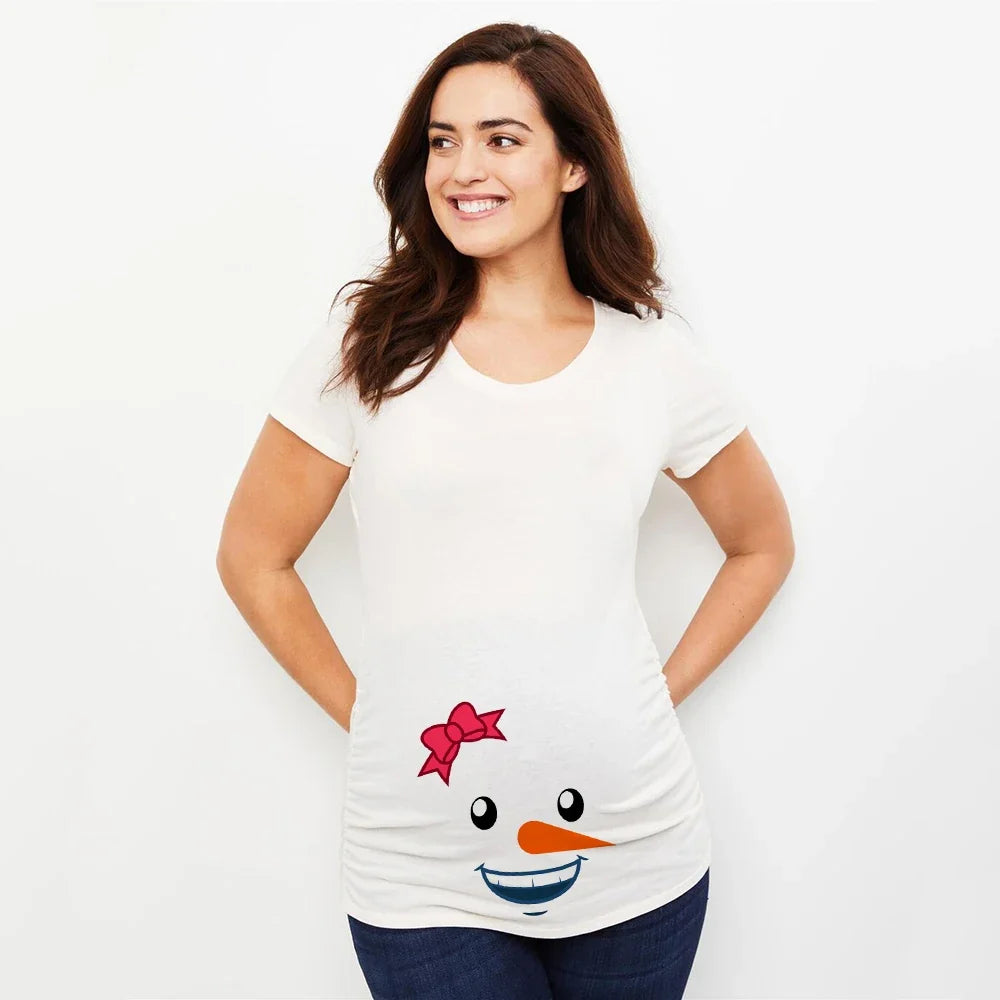 Christmas Pregnant Women T-shirt Snowman Cartoon Printed Pregnancy Announcement Clothes Maternity White Short Sleeve Top