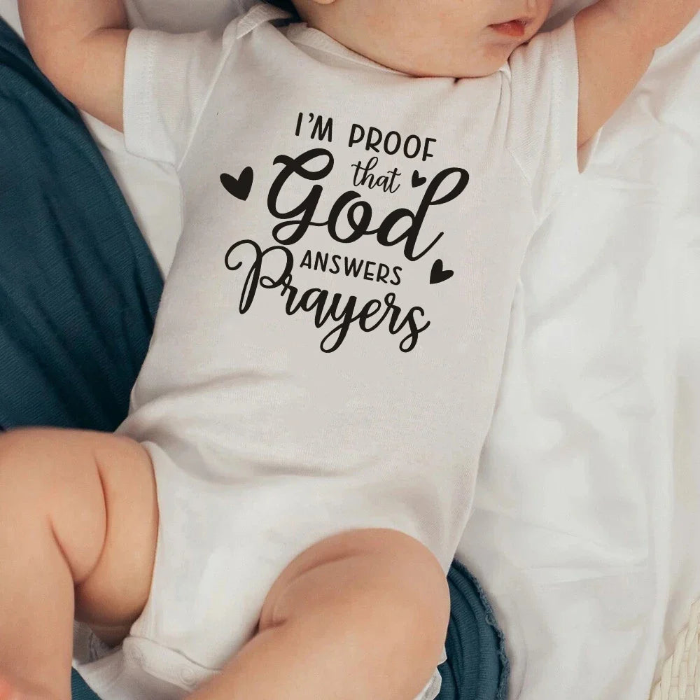 “I’m Proof God Answers Prayers” – Christian Newborn Baby Bodysuit, Short-Sleeve Infant Jumpsuit, Cute Summer Outfit & Holiday Gift