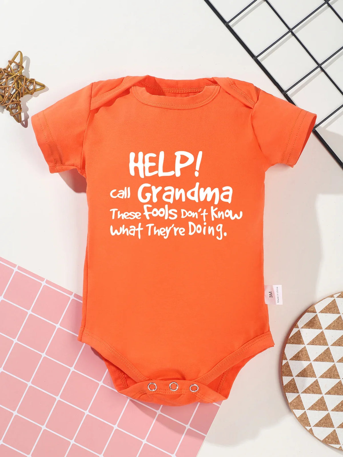 “Help Call Grandma” Letter Print Newborn Infant Rompers – Cute Short Sleeve Toddler Jumpsuit – Fashion Baby Boy & Girl Bodysuit