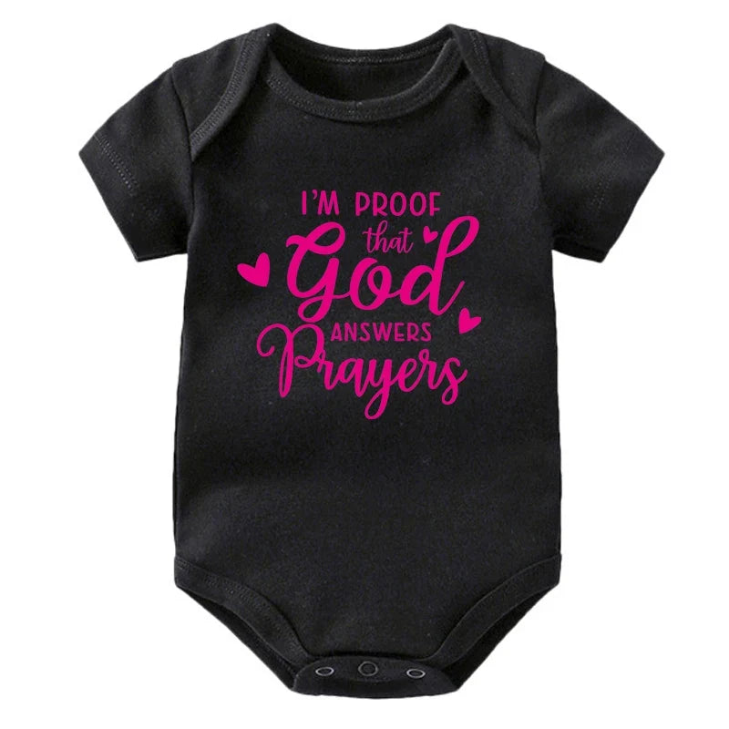 “I’m Proof God Answers Prayers” – Christian Newborn Baby Bodysuit, Short-Sleeve Infant Jumpsuit, Cute Summer Outfit & Holiday Gift
