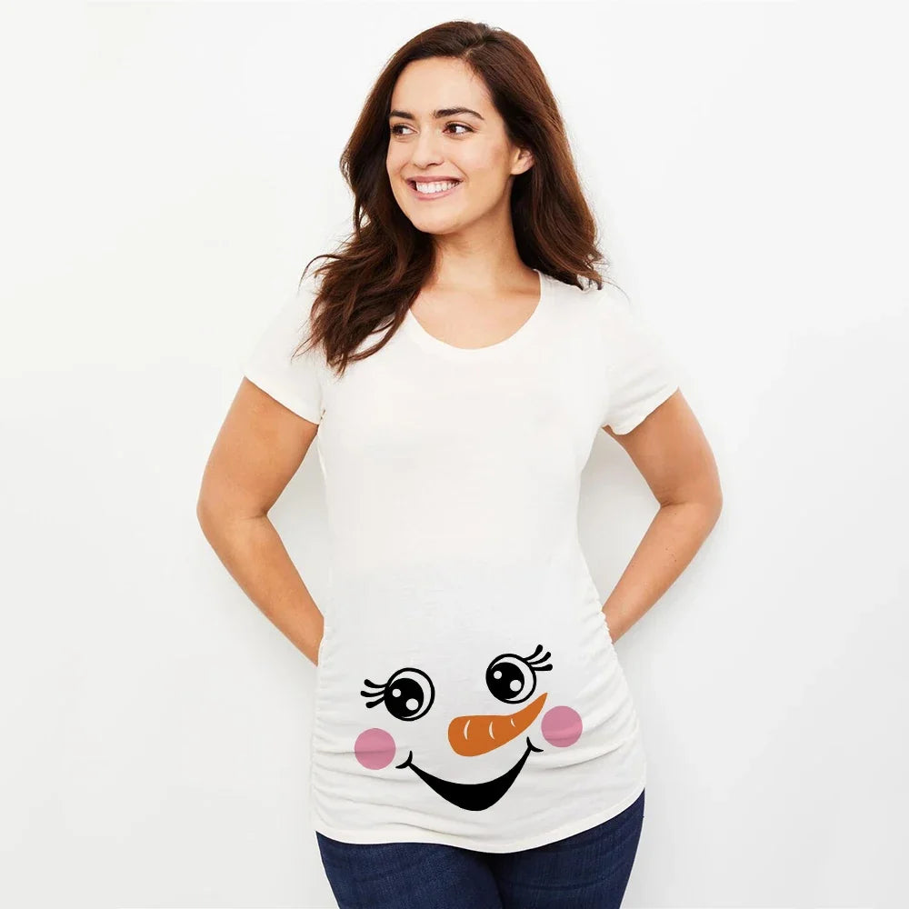 Christmas Pregnant Women T-shirt Snowman Cartoon Printed Pregnancy Announcement Clothes Maternity White Short Sleeve Top