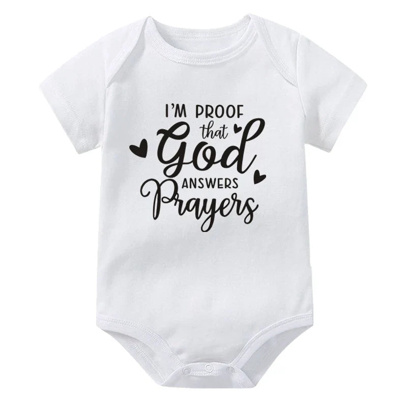 “I’m Proof God Answers Prayers” – Christian Newborn Baby Bodysuit, Short-Sleeve Infant Jumpsuit, Cute Summer Outfit & Holiday Gift