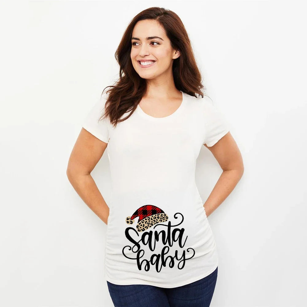 Christmas Santa Baby Print Maternity T-shirt Xmas Casual Pregnant Clothes Pregnancy Announcement T-shirt for Pregnant Women