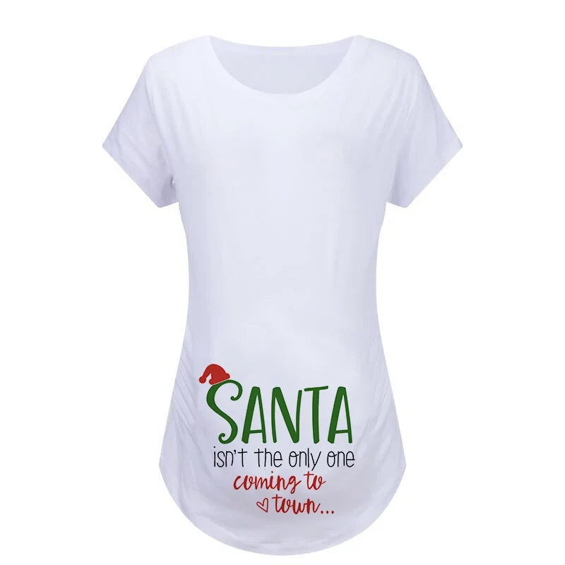 Christmas Women's Maternity T-shirt Santa Baby Printed Pregnant Women T-shirt Pregnancy Casual Short Sleeve White Clothes