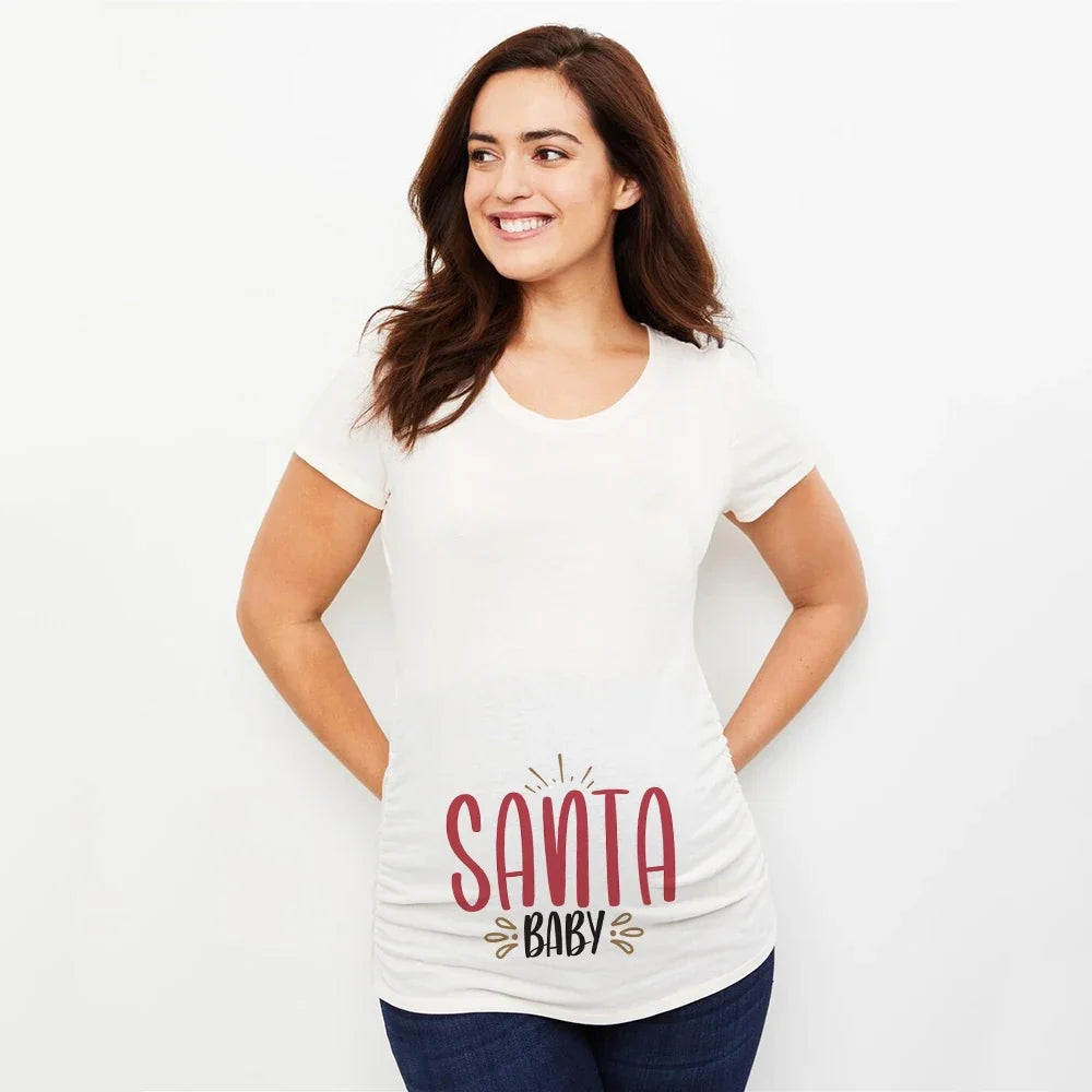 Christmas Santa Baby Print Maternity T-shirt Xmas Casual Pregnant Clothes Pregnancy Announcement T-shirt for Pregnant Women