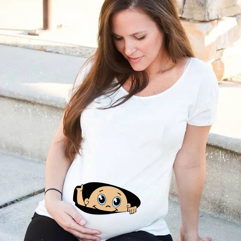 Baby Peeking Maternity T-shirt Funny Zip Print Trendy Mom Plus Size Summer Fashion Pregnant Woman Pregnancy Tees