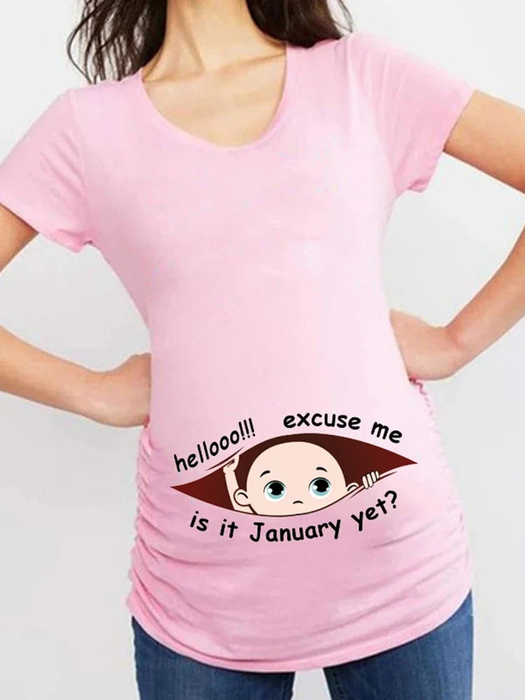 Summer January to December Peeking Baby Print Maternity T-Shirt | Funny Pregnancy Tops | Short Sleeve Pregnant Women Tees