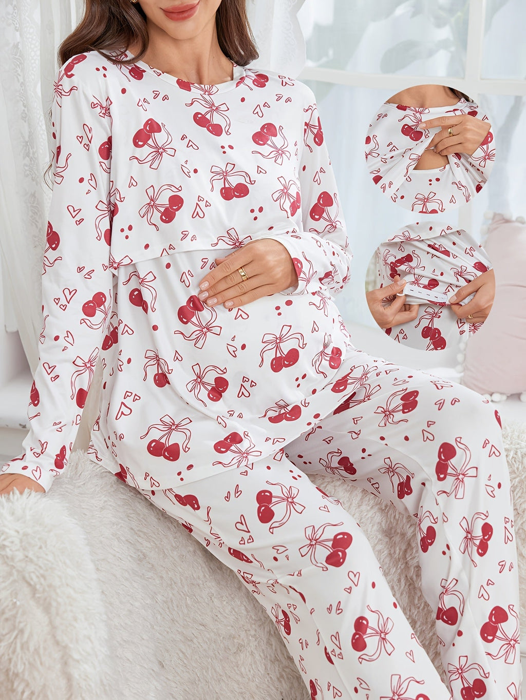Elegant Maternity & Nursing Pajama Set for Pregnant Women — Butterfly & Floral Bow Print, Long Sleeve Layered Nursing Top