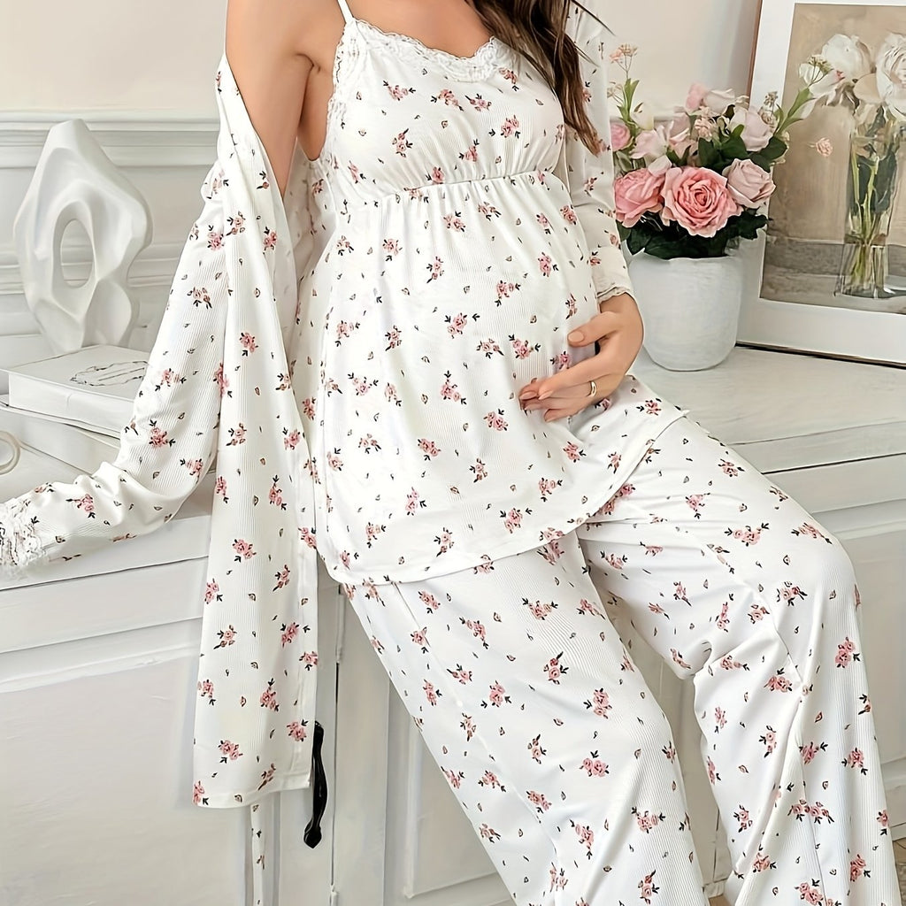 Maternity Pajama 3-Piece Set — Floral Lace Camisole, Pajama Pants & Robe for Pregnant Women