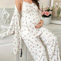 Maternity Pajama 3-Piece Set — Floral Lace Camisole, Pajama Pants & Robe for Pregnant Women