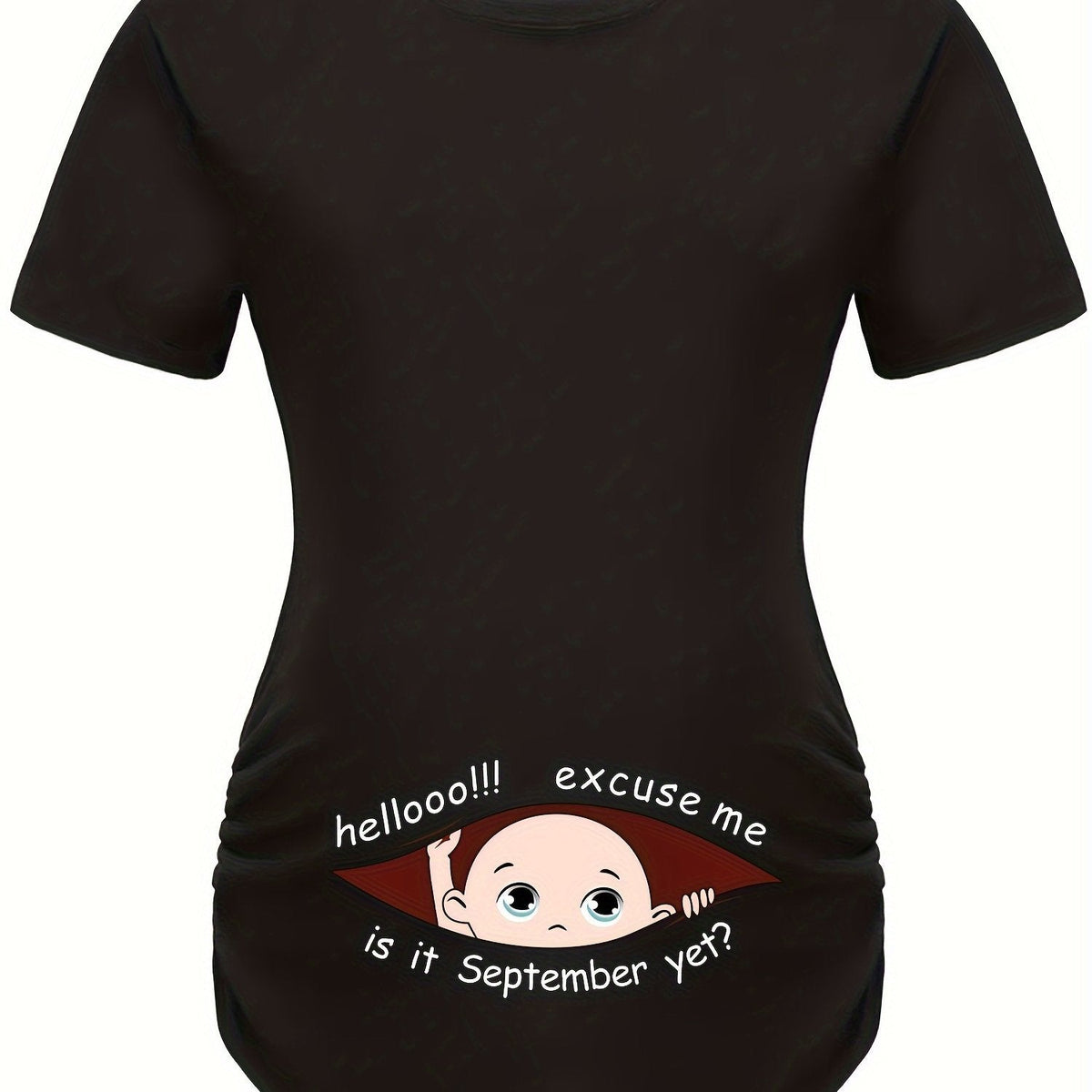 Hello Month & Cartoon Character Print Maternity T-Shirt, Round Neck Short Sleeve Pregnant Women's Top for Pregnancy Announcement - Comfortable Fit