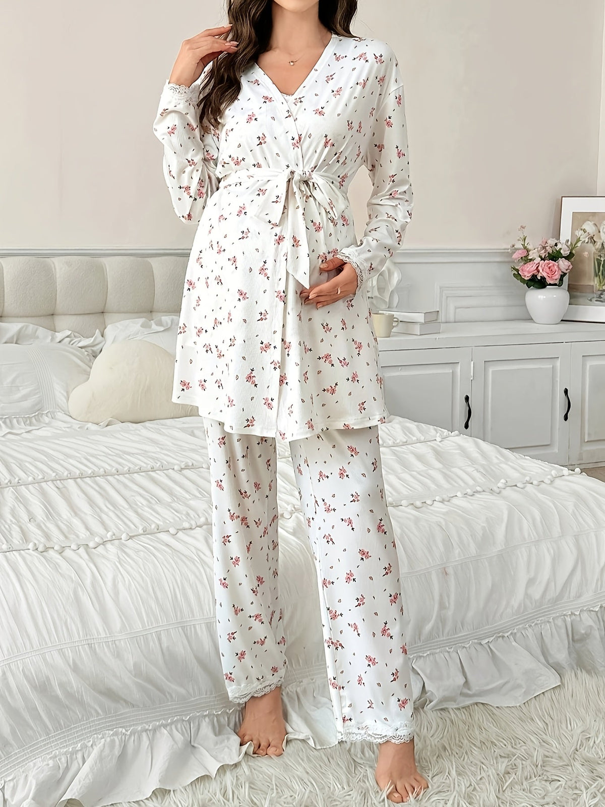 Maternity Pajama 3-Piece Set — Floral Lace Camisole, Pajama Pants & Robe for Pregnant Women