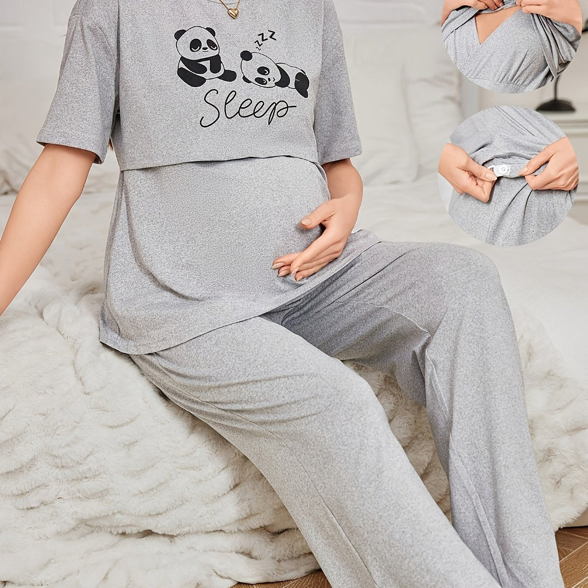 Cute Panda Print Maternity Nursing Pajama Set – Short-Sleeve Nursing Top & Pants for Pregnant Women
