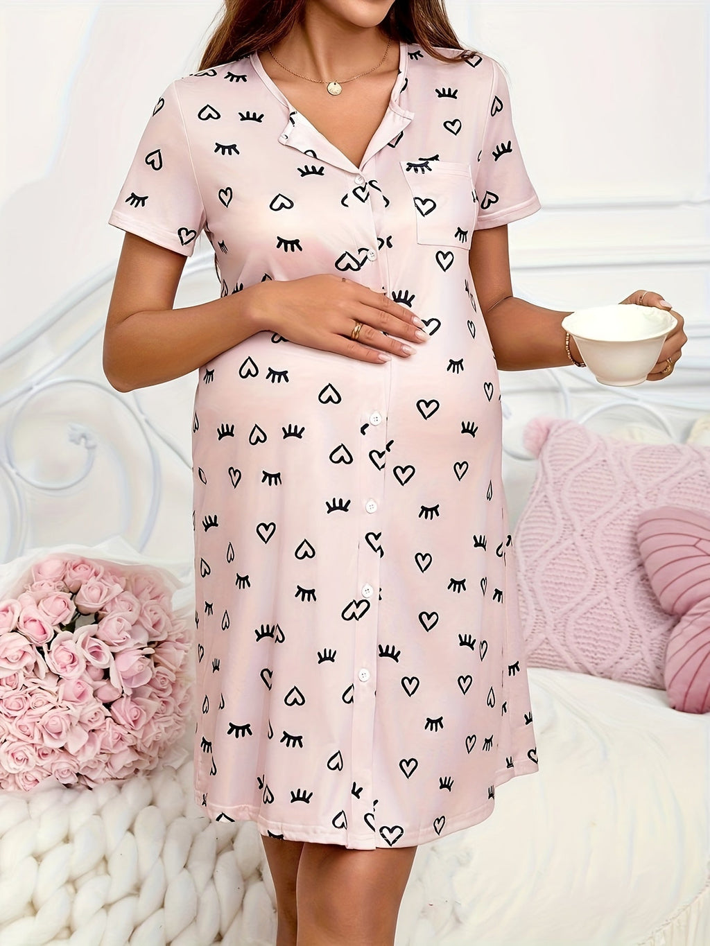 Heart Print Maternity Nightgown — Button-Front Cute Sleep Dress for Pregnant Women