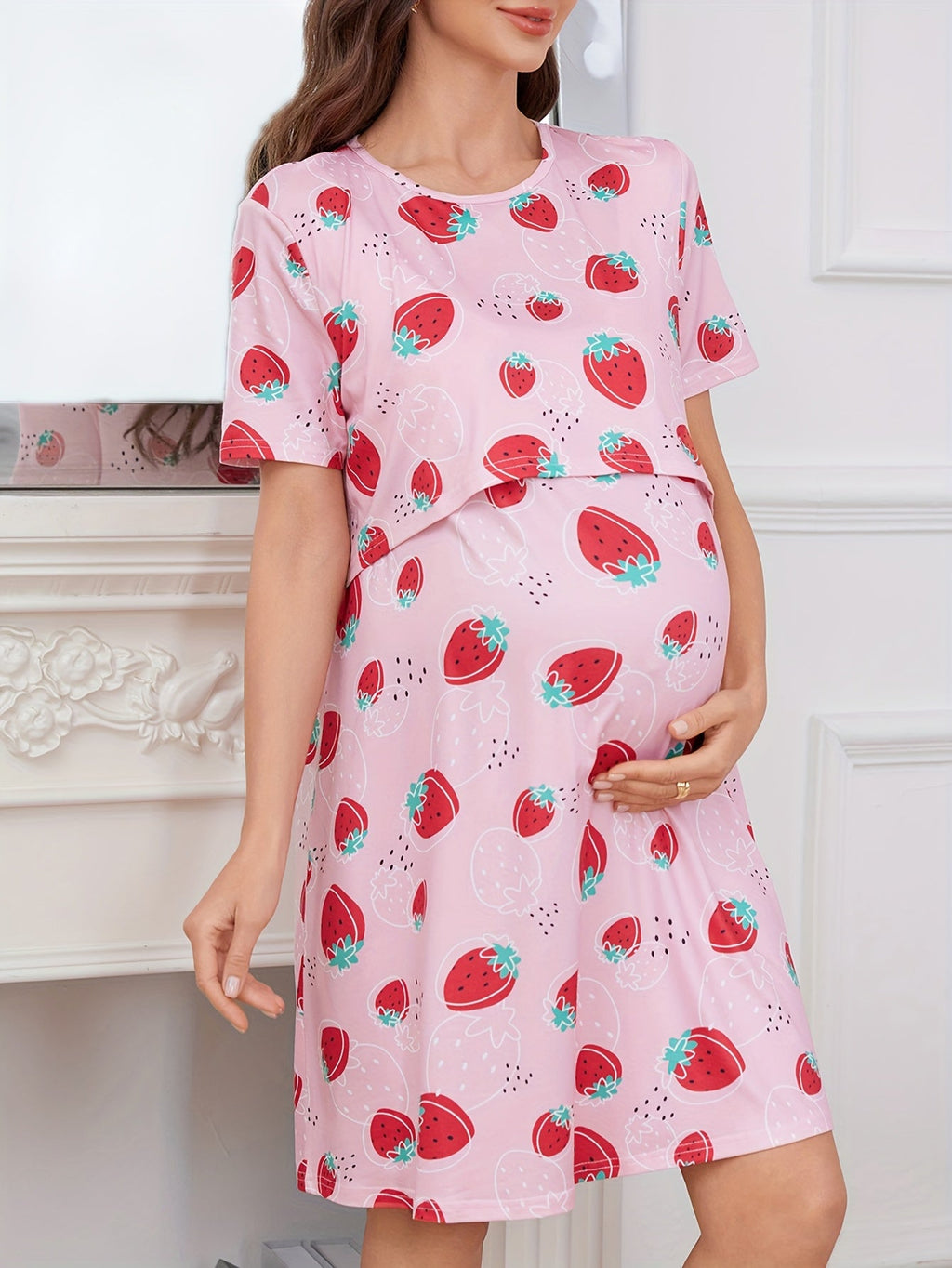 Comfortable Maternity Nursing Nightgown – Butterfly Leaf Print Stretch Nightdress for Pregnant Women