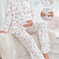 Elegant Maternity & Nursing Pajama Set for Pregnant Women — Butterfly & Floral Bow Print, Long Sleeve Layered Nursing Top