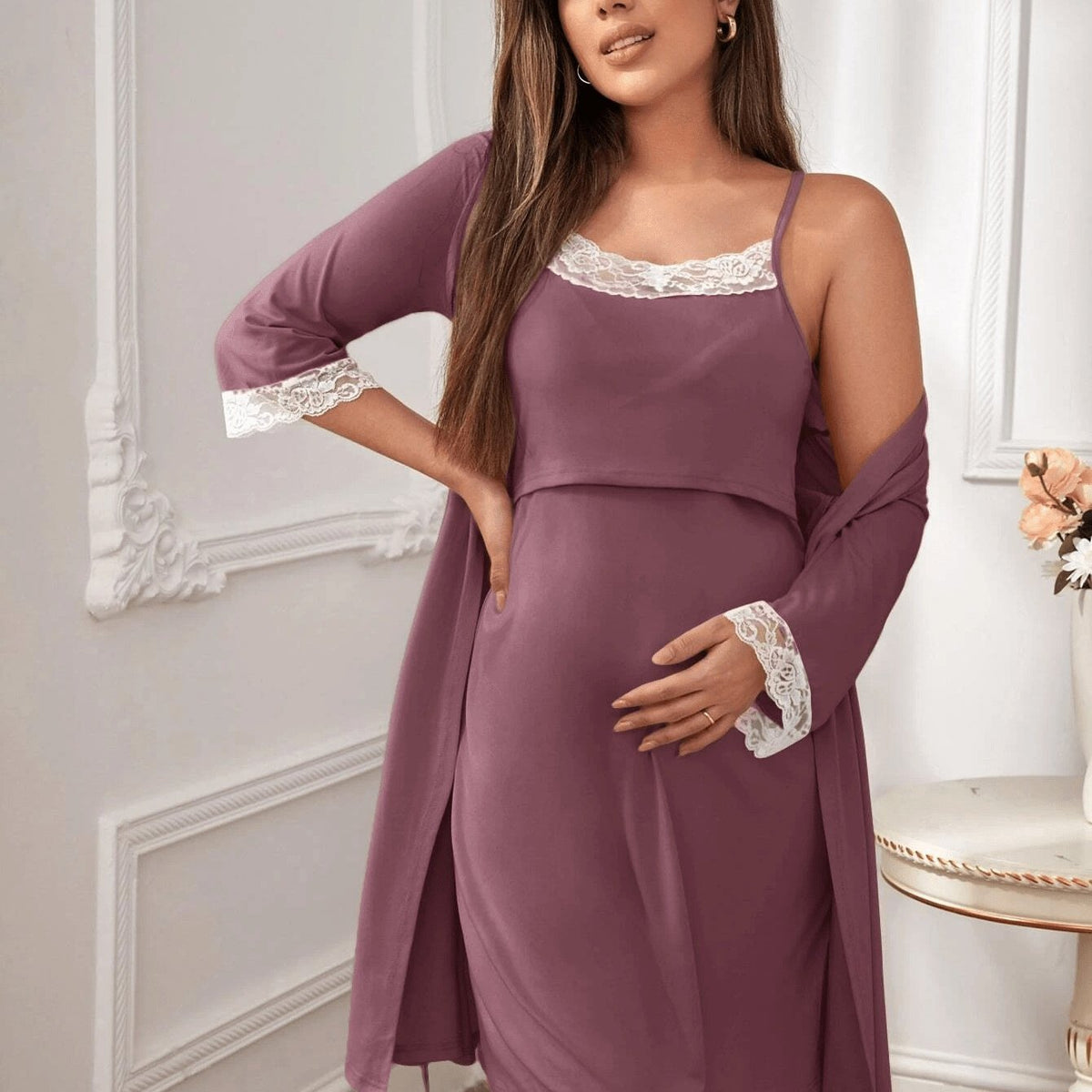 Nursing Maternity Pajama Set – 2-Piece Long Sleeve Stretch Sleepwear for Pregnant Women, Breastfeeding Friendly