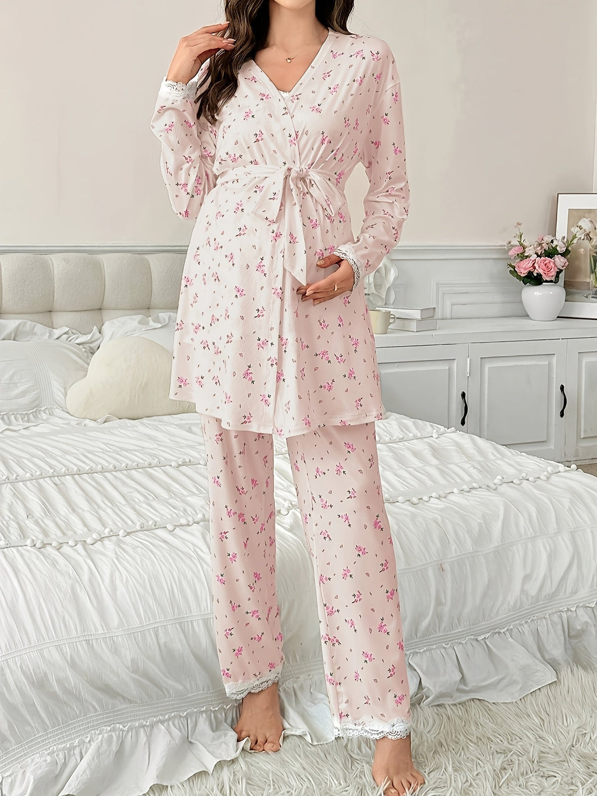 Maternity Pajama 3-Piece Set — Floral Lace Camisole, Pajama Pants & Robe for Pregnant Women