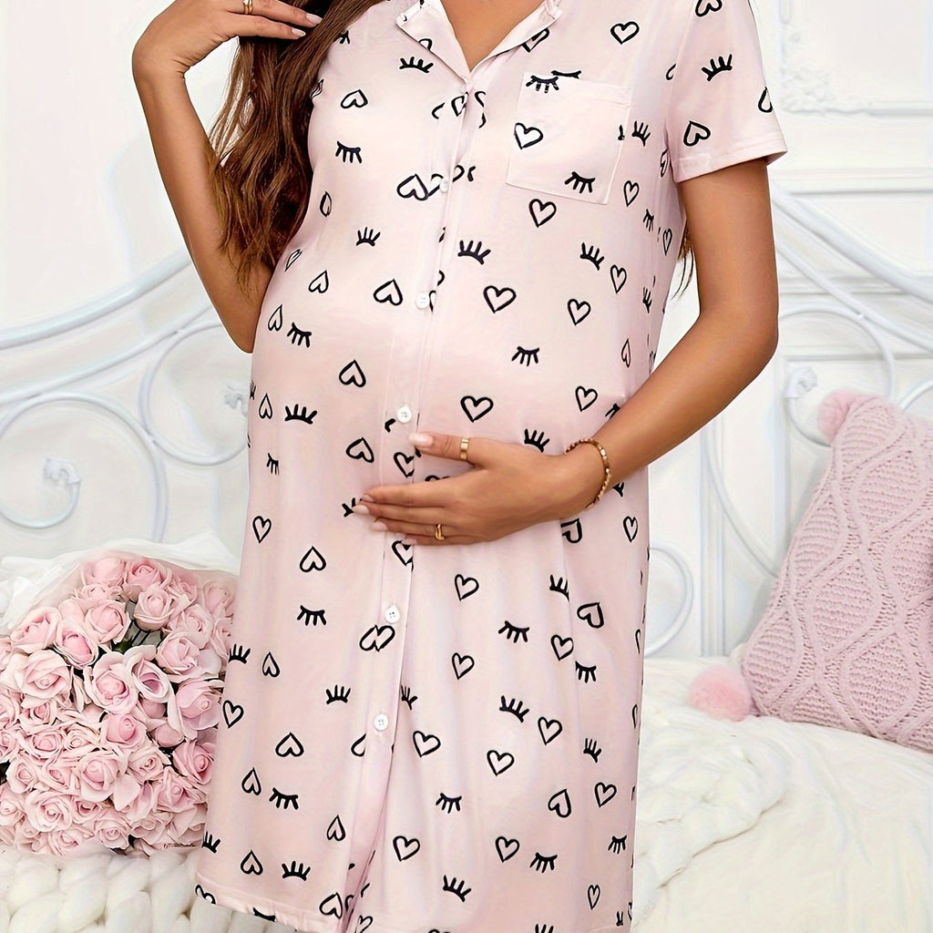 Heart Print Maternity Nightgown — Button-Front Cute Sleep Dress for Pregnant Women