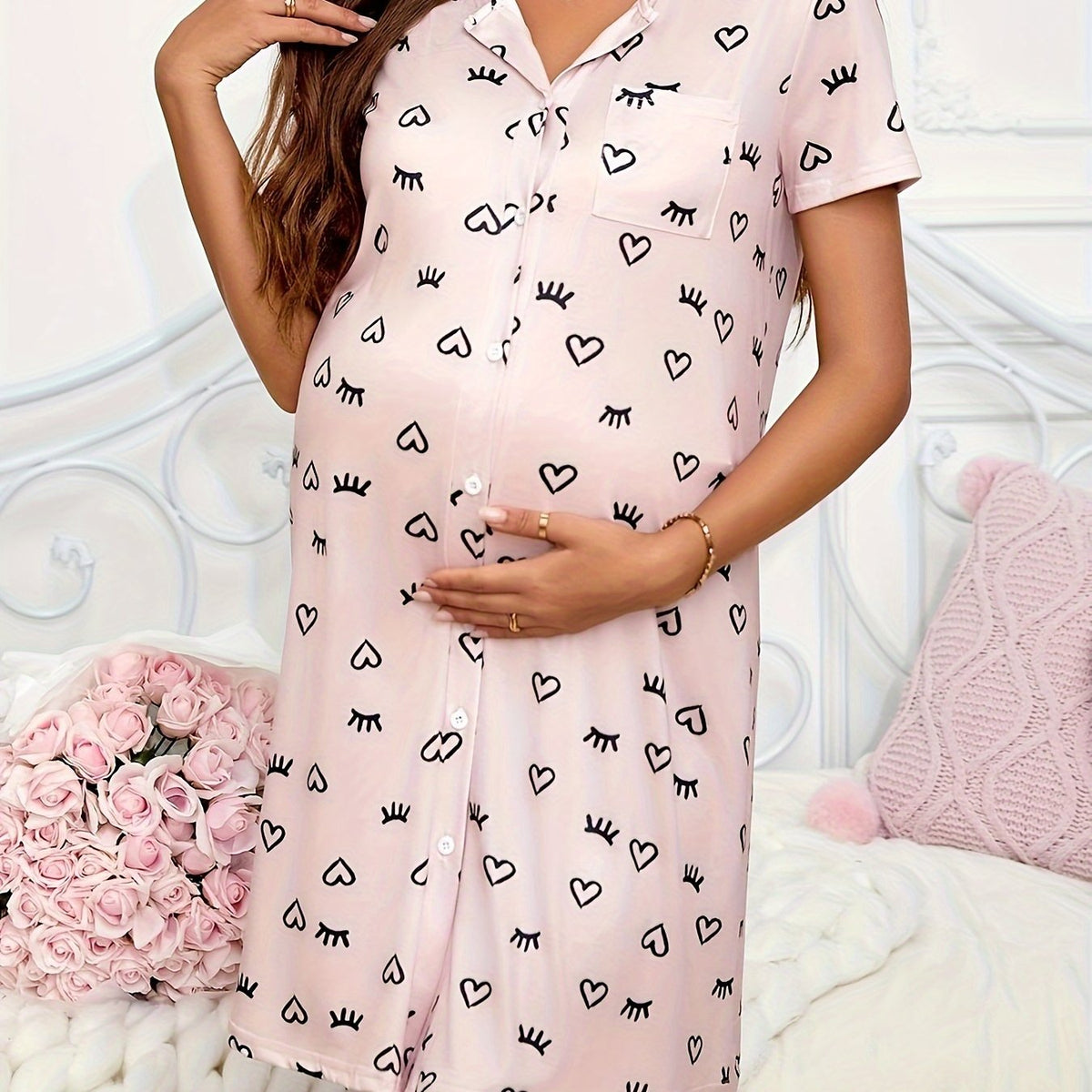 Heart Print Maternity Nightgown — Button-Front Cute Sleep Dress for Pregnant Women