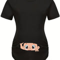 Letter Printed Short-sleeved Maternity Wear Black T-shirt with Big-eyed Baby Pattern